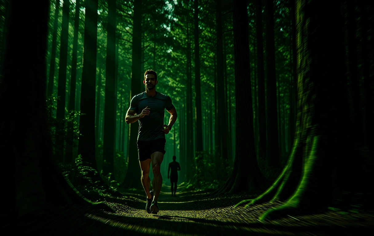 Man jogging through forest